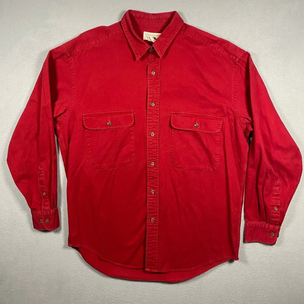 Vintage Banana Republic Mens L Safari Travel Red Cotton Twill Button Down Shirt